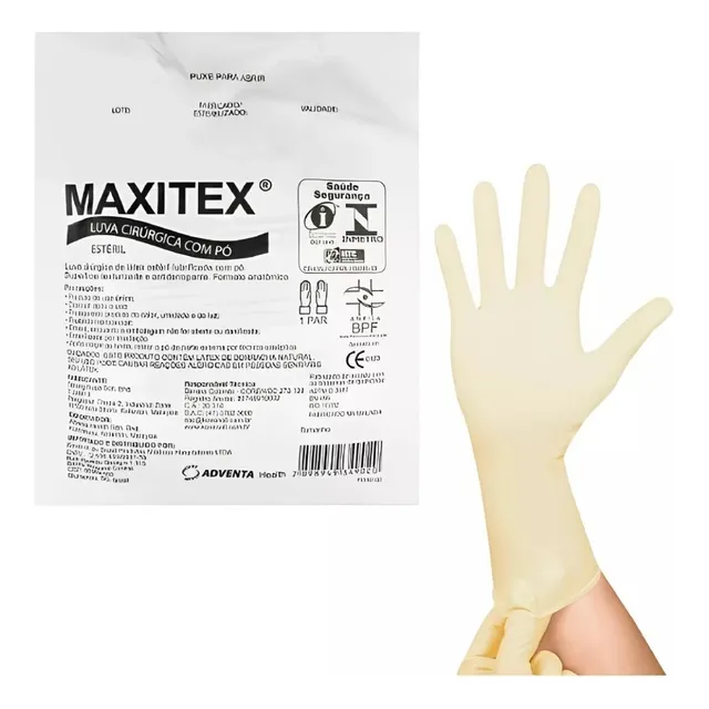 Luva Estéril Cirúrgica Tamanho 7 Ou 7.5 Maxitex Kit 5 Pares 