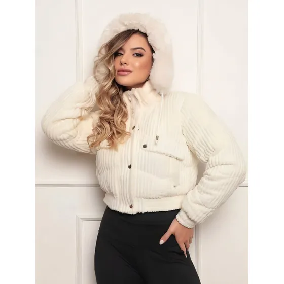 Jaqueta Puffer Feminina Veludo Cotelê Com Capuz Removível