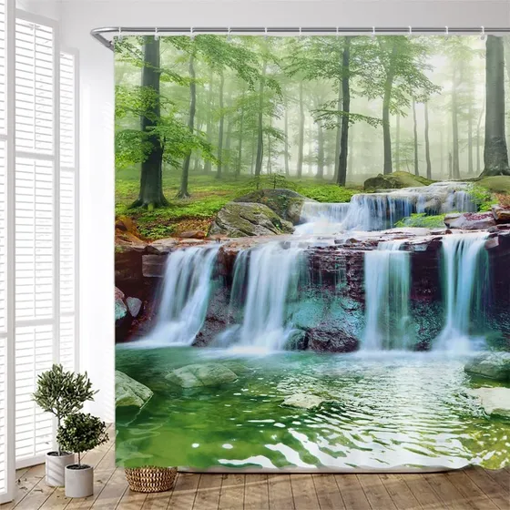 Cortina Ducha Cascada Escenica Color Verde Bosque Spa Lago X