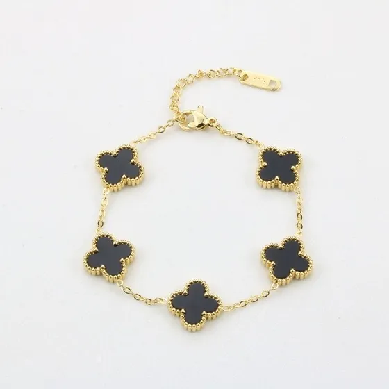 Pulsera Trebol Acero Inoxidable Oro18k + Cajita De Regalo! Dorado Y Negro 16 Cm 20 Cm