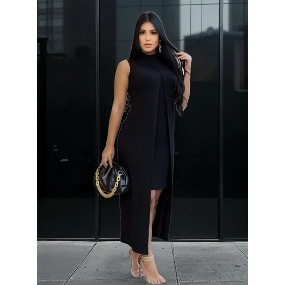 Vestido De Mujer De 2 Piezas Elegante Con Chaleco Largo