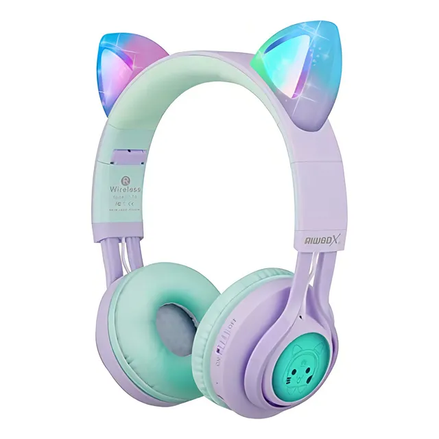 Riwbox Auriculares Niños, Ct-7s Cat Ear Auriculares 85db Led Color Purple&green