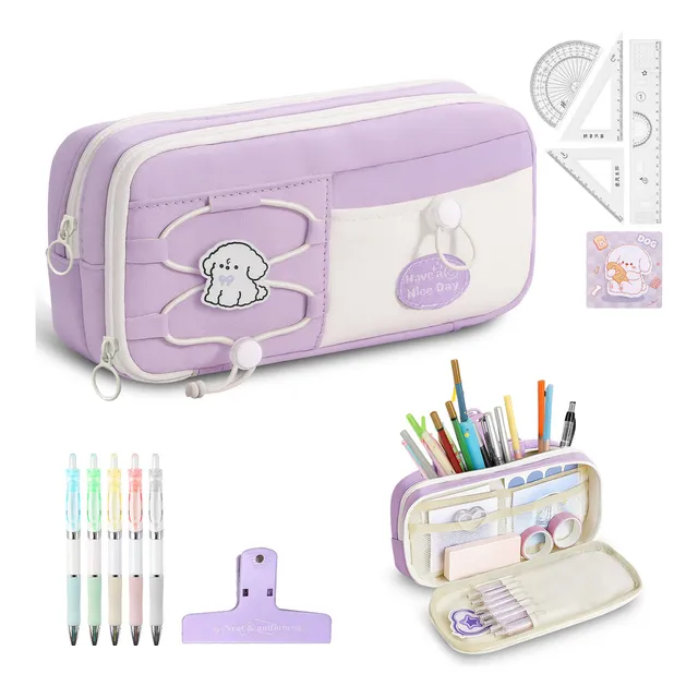 Estuches escolares Aesthetic Lapicera Pencil Case Papeleria Organizador Lapicera Plumier Multiuso con Regla, notas adhesivas, bolígrafo mousse y carpeta Color Violet