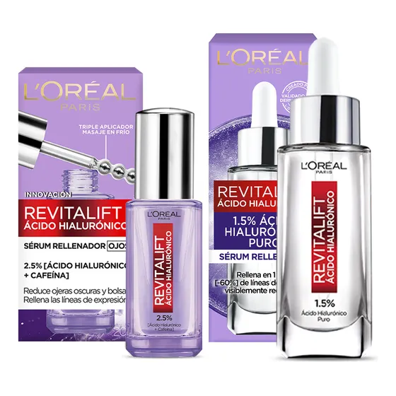 Kit L'Oréal Paris Revitalift Ácido Hialurónico Sérum facial rellenador Sérum de ojos 2 piezas Hidrata intensamente y rellena líneas de expresión aprobado por dermatólogos tu rutina de skin care