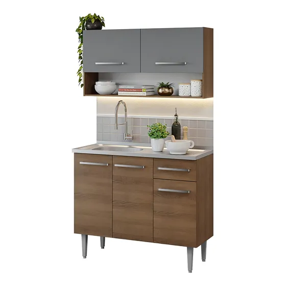 Armário De Cozinha Compacta 105cm Com Pia Emilly Madesa 04 Cor Rustic/cinza