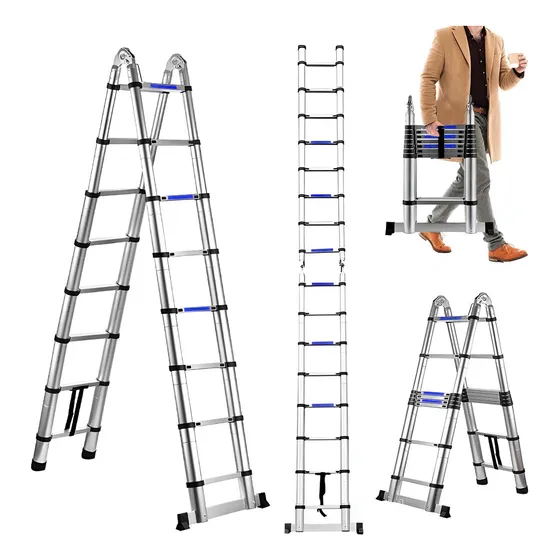 Escalera Telescópica De Aluminio 16 Peldaños Tipo Tijera 5 M Plateado