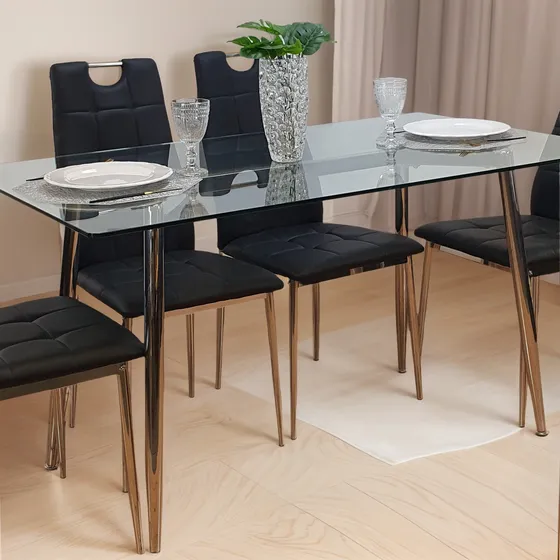 Juego Comedor Vidrio 140 + 4 Sillas Cromadas Ecocuero Negro Capitone