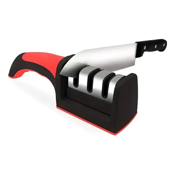 Afilador de 3 Lugares Cuchillos Tijeras Cuchillas Mango Ergonómico Toptecnouy Color Negro/Rojo