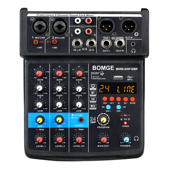 Mezcladora De Dj Bomge 04f D/4 Canales Mp3/usb/bluetooth/48v
