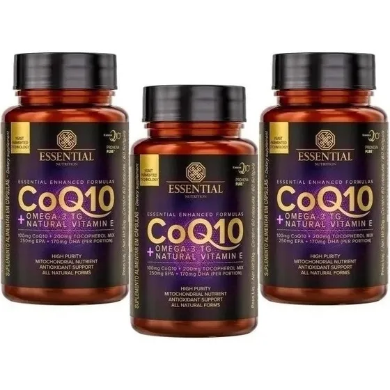 Kit 3x Coenzima Q10 C/ Omega 3 Tg 60 Cps Essential Nutrition Sabor Vitamina