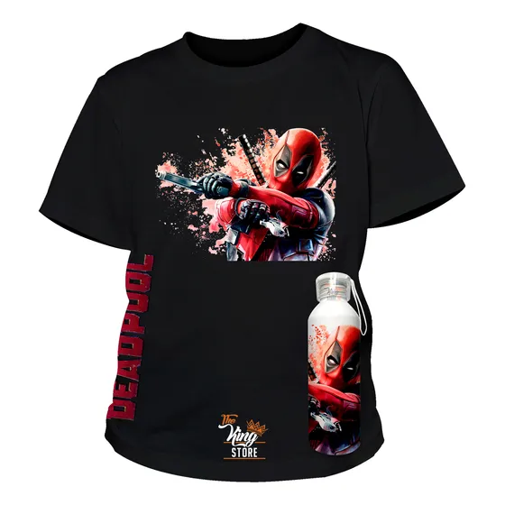 Polera De Niño + Botella, Deadpool, Marvel, Superhéroe, Dtf