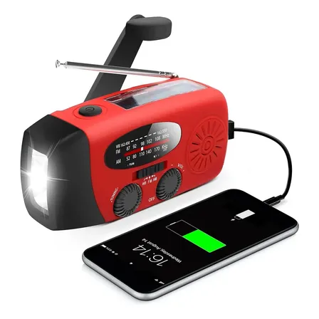 Radio Portátil De Emergencia Am/fm Con Linterna Led Y Power Bank Para Celulares Rojo