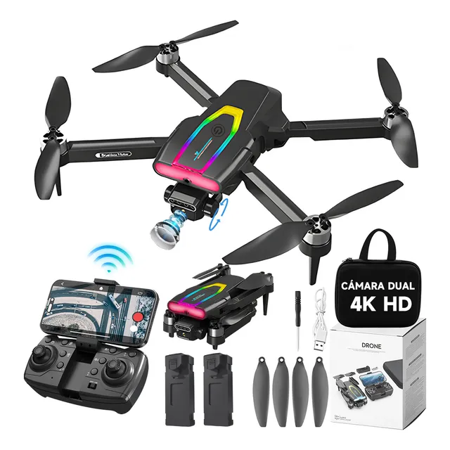 Tiem4buy Drone Profesional 4k Doble Cámara Con 2 Baterías | Motor Sin Escobillas + Luces Rgb Corredizas | Fpv 90° Ajustable Y Gps Retorno Automático | Antiviento Nivel 5 Para Principiantes/adultos