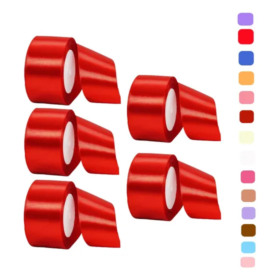 5 Rollos Hs Satinado Decoracion Colores Listón 4cm 114 Metros Color Rojo Liso