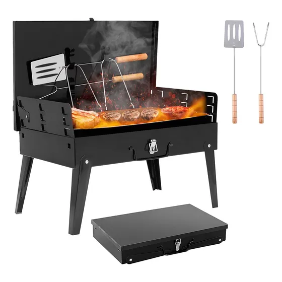 Parrilla Asador Plegable Con Accesorios Camping Portátil Pro Color Negro