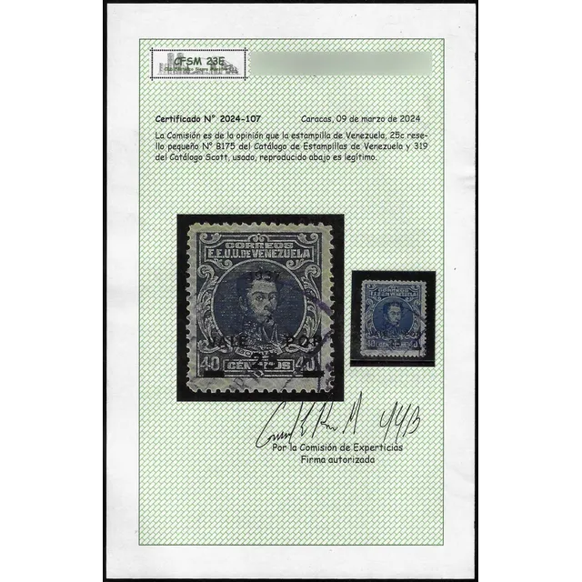 Venezuela 1937: # B175 Usada Con Certificado Afsm 23e