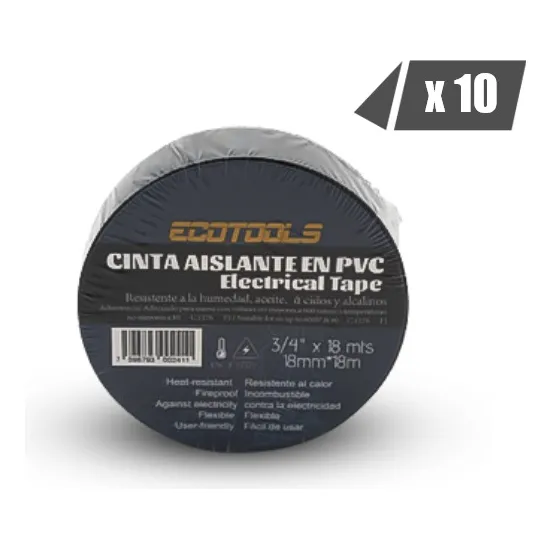 Teipe Negro Electrico Ecotools Pvc 3/4x18m (10 Unidades)