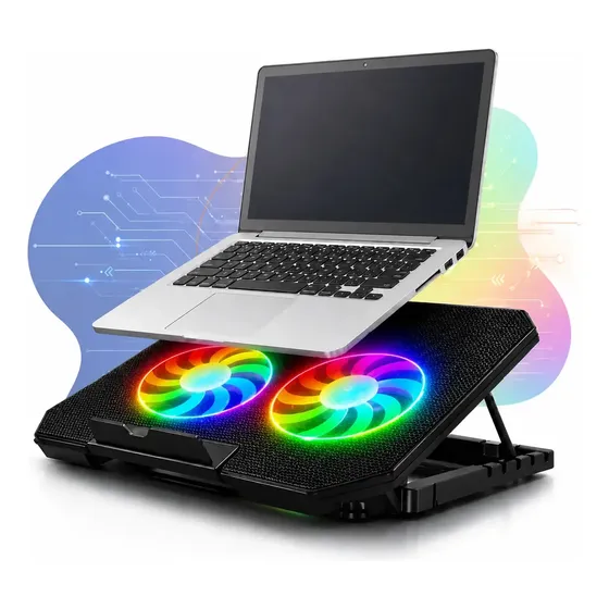 Suporte Notebook Base Led Refrigerada Ventilação Silenciosa Cor Preto Led Rgb Ajustável 2 Cooler Ven