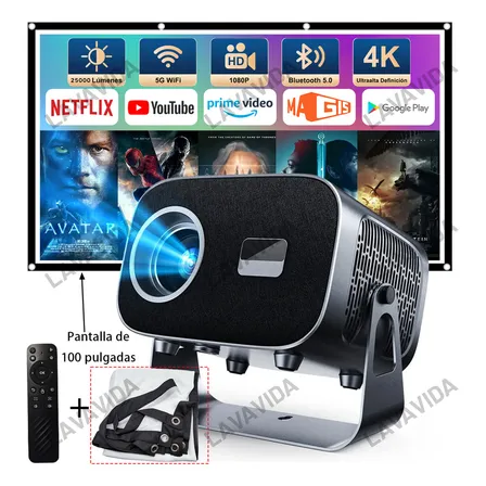 Proyector Lavavida Mx005 Android Wifi 4k Led Enfoque Eléctrico Proyector Portátil Professional Smart Tv Compatible Para Celular, Ordenadores Con Pantalla De 100 Pulgadas Negro