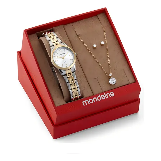 Kit Relógio Mondaine Pequeno Misto Colar Cristal 32720lpmkbe Cor da correia Dourado e Prateado Cor do bisel Prateado e Dourado Cor do fundo Palha