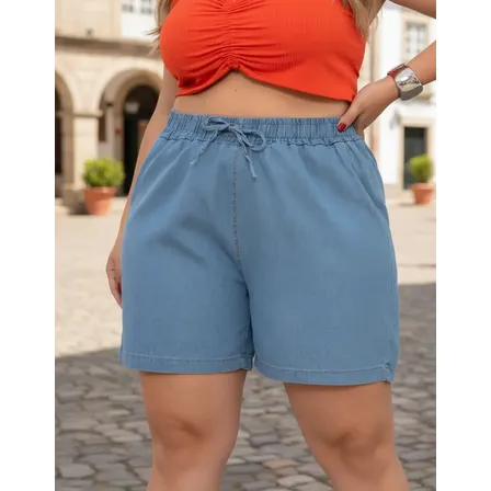Bermuda Feminina Plus Size Com Elástico Na Cintura E Bolsos