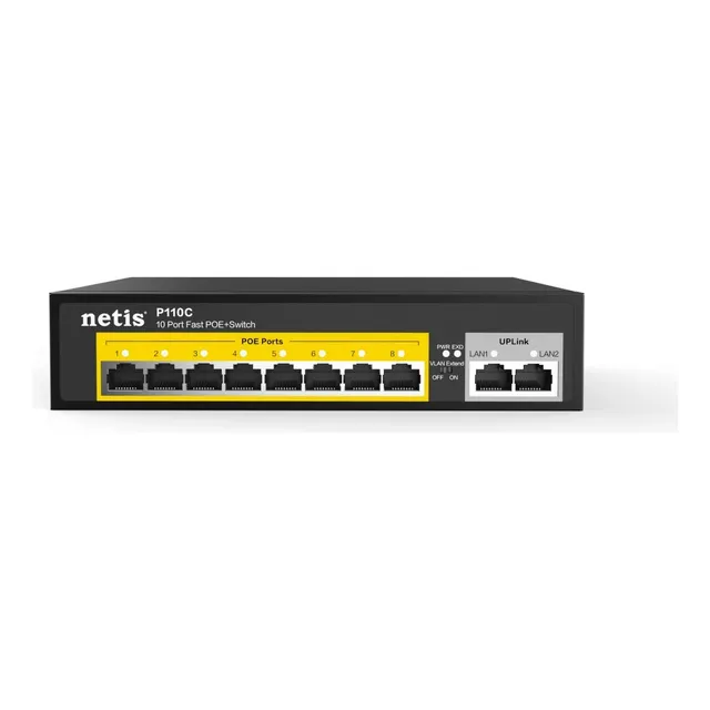 Switch Netis P110C de 8 puertos PoE 10/100Mbps y 2 puertos Uplink 10/100Mbps, 120W. Color Negro.