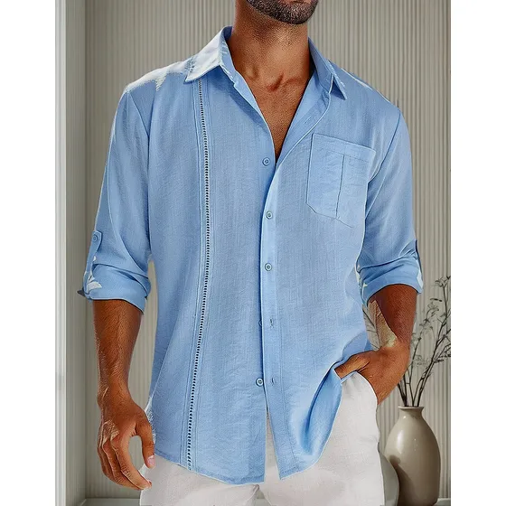 Camisa De Hombre De Lino Manga Larga Guayabera Con Bo