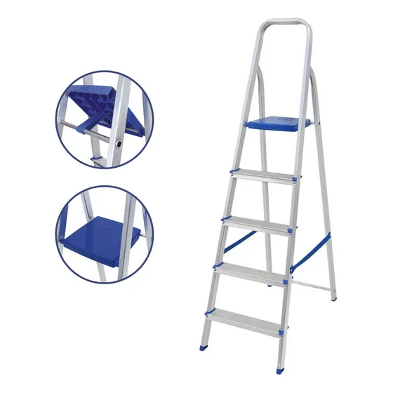Escalera doméstica de aluminio de 5 peldaños, más reforzada, más color gris/azul
