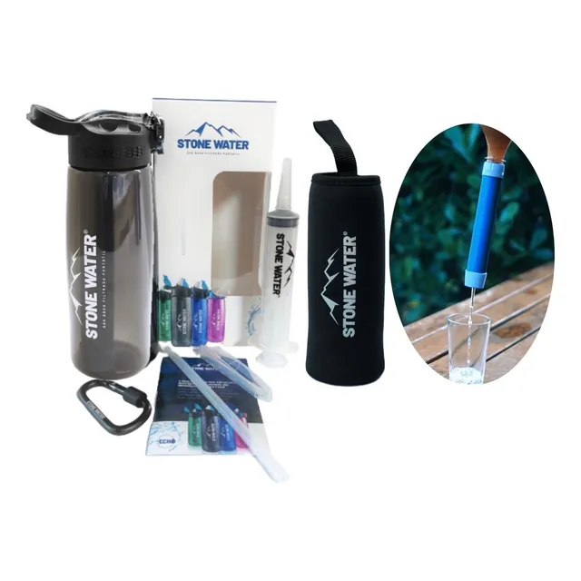 Kit Garrafa Filtra Água Stone Water Preta + Capa Térmica