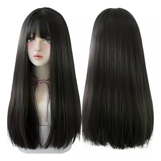 -bn Peluca Con Flequillo Natural De Cabello Negro Largo Y. -bn Peluca Con Flequillo Natural De Cabello Negro Largo Y.