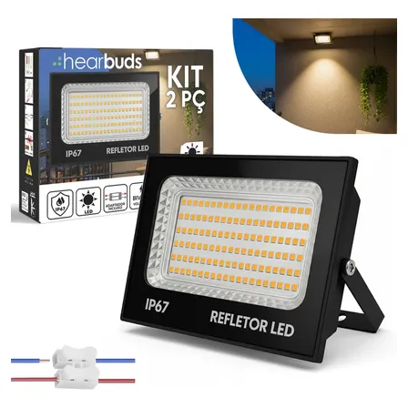 Refletor Led Hearbuds Hb-19 400w 3500k Ip67 Luz Branco Quente Bivolt Kit 2 127/220v Preto