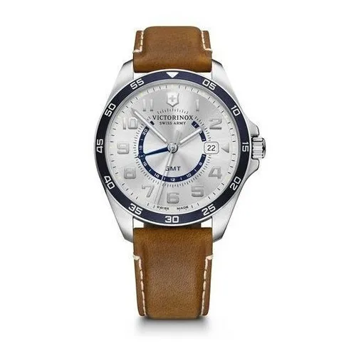 Correa de reloj Victorinox Swiss Army Fieldforce GMT 241931, color marrón, bisel, color azul, fondo blanco