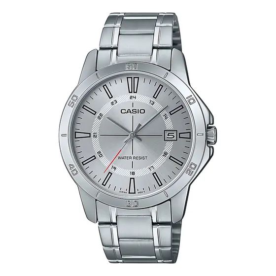 Relógio de pulso Casio MTP-V004D-7CUDF, analógico, para homens, fundo prateado, com pulseira de aço inoxidável prateado, mostrador, moldura prateada e dobrável