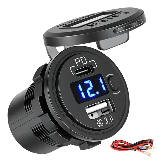 Tomada Carregador Usb Veicular Carro Pd3.0 C/ Voltimetro