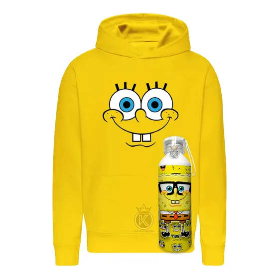 Poleron Bob Esponja + Botella En Aluminio 750ml - Mar - Spongebob - Serie - Dibujo Animados - Esponja Cuadrada - Amarillo   - Estampaking