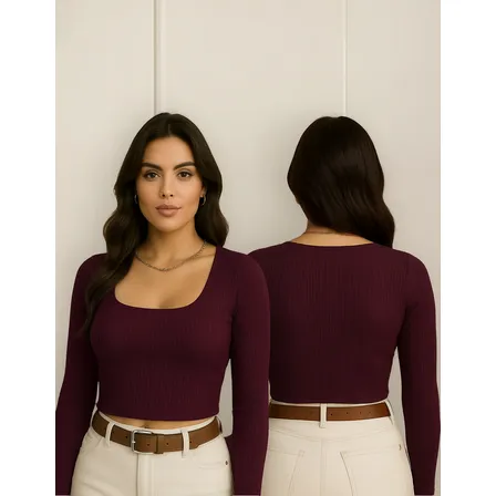 Blusa Feminina Cropped Manga Longa Decote Quadrado Frio