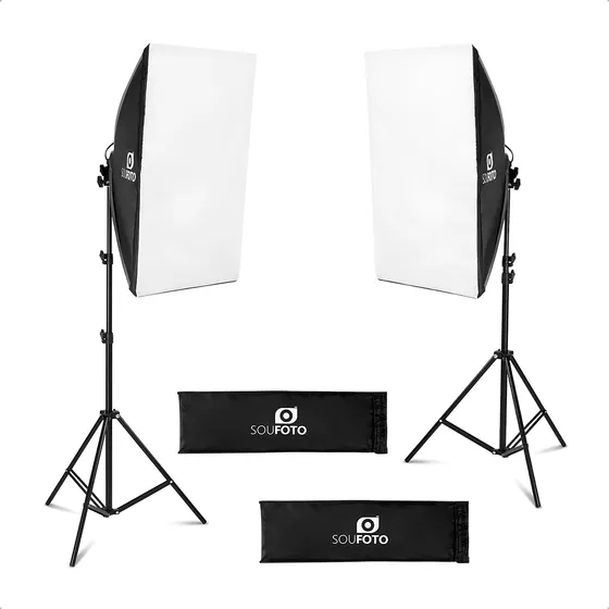 Kit de Luz Softbox Duplo Sou Foto 50x70 Para Estúdio Fotográfico Video Lives Retratos Produtos Newborn Youtube Make e Gravações Profissionais 127/220v