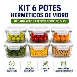 Kit 6 Potes 640ml Vidro Hermético 4 Travas Marmita Refratario Star House Com 4 Travas De Super Vedação Branco