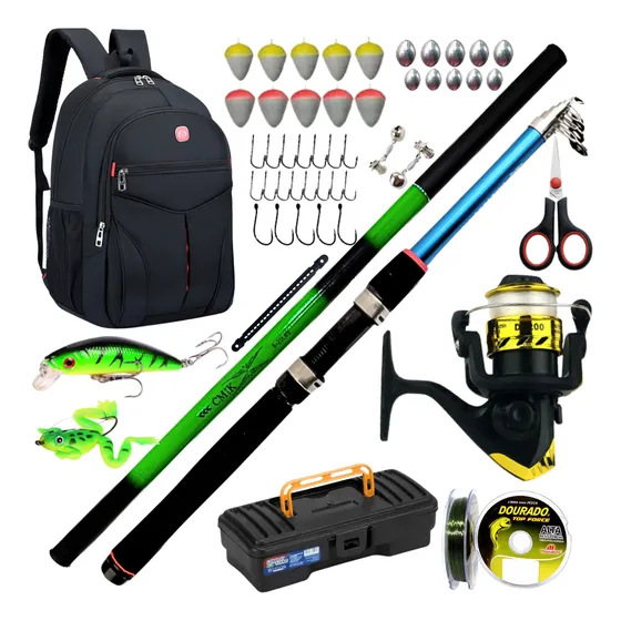 Kit De Pesca Com Molinete Vara Telescopica Mochila E Iscas