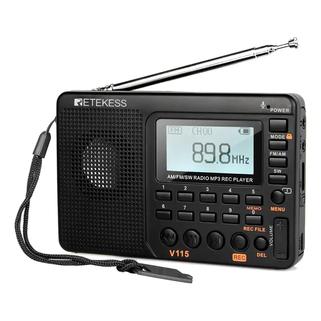 Radio AM FM Portátil SW Radio de Onda Corta con Batería Recargable Reproductor de MP3 Soporte de Grabación Tarjeta TF Interfaz Tipo C Pantalla LCD Retekess V115