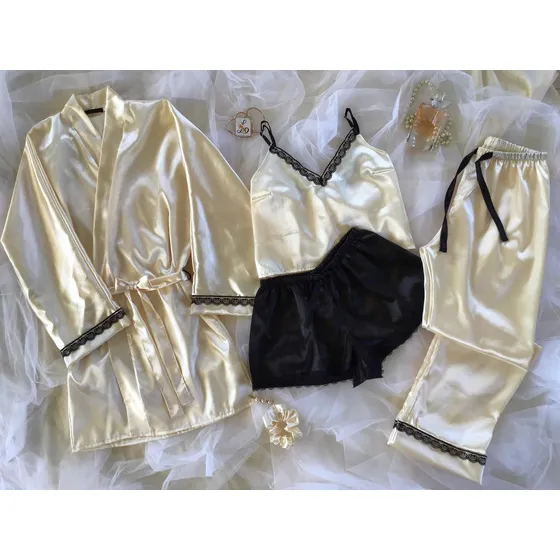 Set Pijama De Satén Con Bata 4 Piezas. Lilian Lingerie