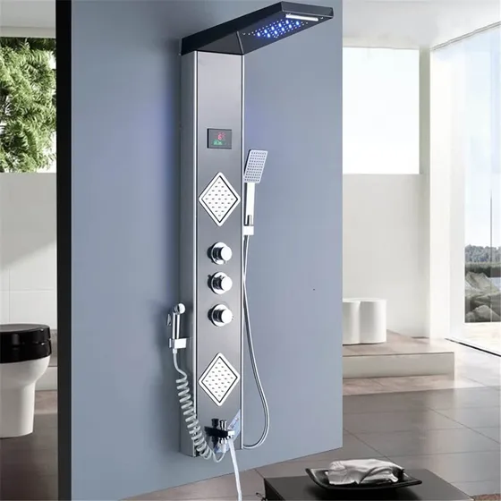 Panel Ducha Led Torre Columna Negra Pantalla Digital 3 Bide