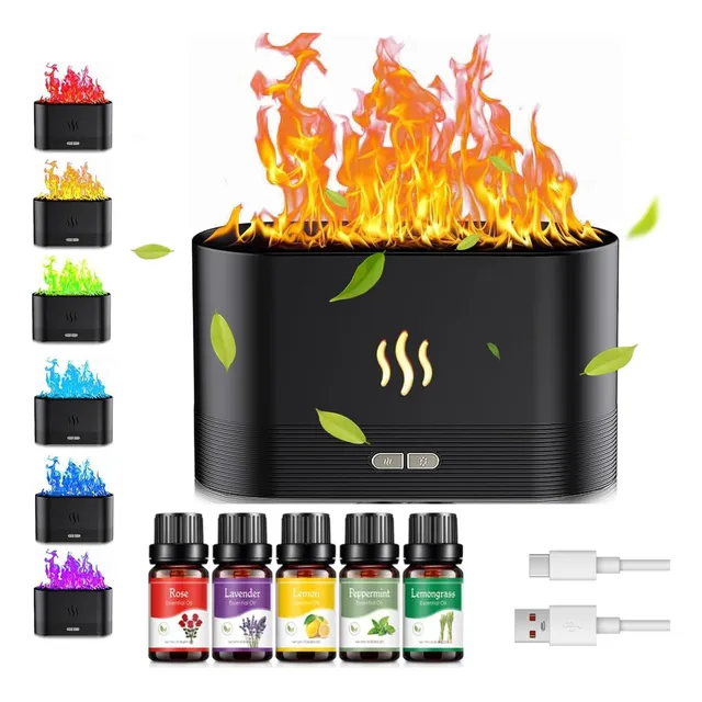 Humidificador Aromático Con Forma De Llama Rgb + 5 Aceites ©