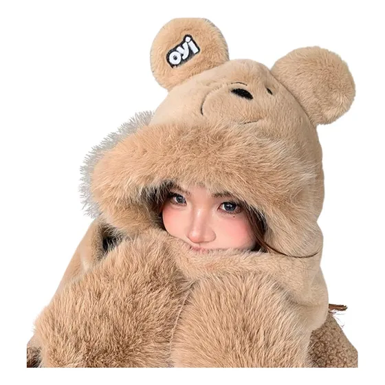 Gorro + Bufanda Abrigador Peluche Suave Para Invierno Kawaii Marrón Único