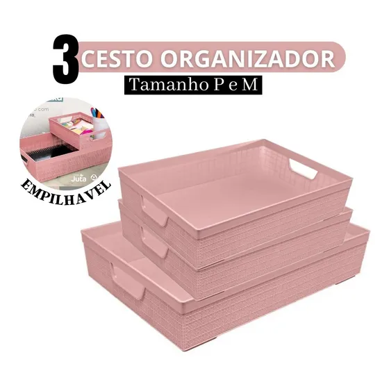 Kit 3 Cesto Organizador Multiuso Armário Gaveta Tamaho P M