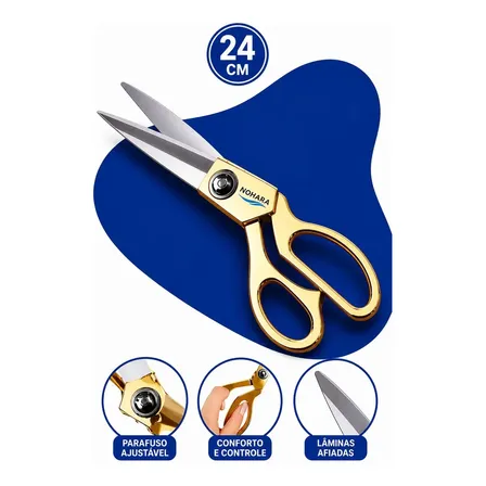 Tesoura Alfaiate Profissional Costura Tecido Aço Inox 24cm Prateado Costura Tecido Jeans Linho Malha Papelaria... Dourado