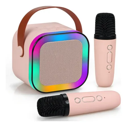 Caixinha Som Karaokê 2 Microfones Bluetooth Infantil Adulto Cor Rosa-tec
