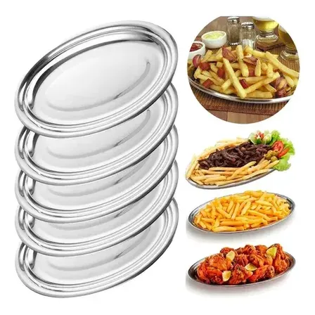 Jogo Baixela 5 Pçs Aço Inox 30cm Travessa Oval Assar Servir Mesa Porção Comida Salada Bandeja Oval Porções Bar Buffet Restaurante Versátil Praticidade Alta Qualidade Cor Prateado