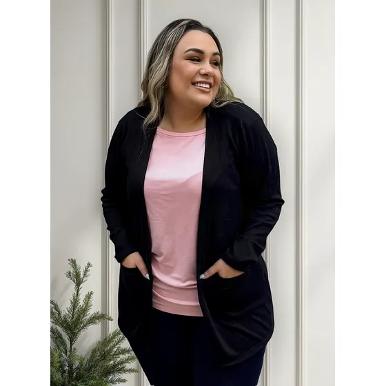 Cardigan Plus Size Feminino Com Bolso Tecido Lanzinha