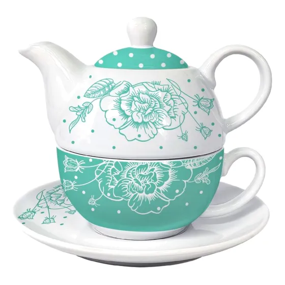 Tetera De Cerámica Con Taza Y Platillo Flores Verde Agua